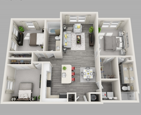 A 3D floor plan of a house with multiple rooms and furniture.